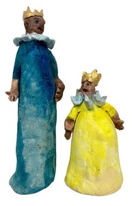 Handcrafted Folk Art Crowned Character Sculptures - Blue & Yellow (Lot of 2)