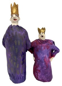 Handcrafted Folk Art Figurative Sculptures - Crowned Robed Figures (Lot of 2)