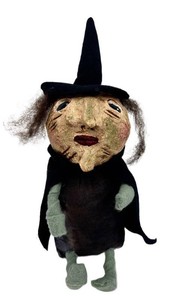 Primitive Style Folk Art Witch Doll - Handcrafted Papier-Mache Face