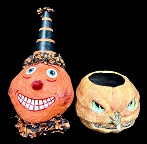 Halloween Papier-Mache Pumpkin Decorations - Witch & Jack-O-Lantern (Lot of 2)