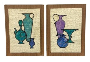 Pair of Vintage Mid-Century Modern Gravel Art Panels  Retro Still Life Mosaics