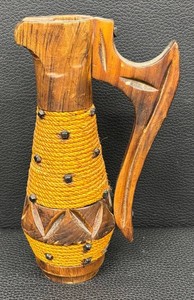 Vintage Spanish Rustic Carved Wood Folk Art Pitcher