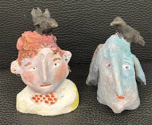 Two Whimsical Handcrafted Pottery Bust Sculptures