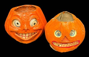 Two Vintage Papier-Mch  Halloween Jack-O-Lantern Candy Buckets