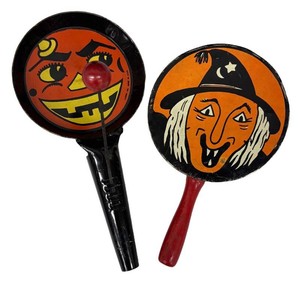 Two Vintage Tin Lithograph Halloween Noisemakers