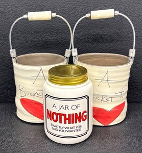 Two Decorative Artisan Crafted Heart Pottery Buckets & Jar of Nothing