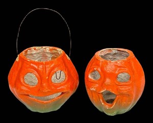 Pair of Vintage 1930s Papier-Mch Halloween Jack-O-Lantern Candy Buckets