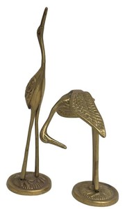 Vintage Brass Heron Figurines - Standing & Feeding Pair (Lot of 2)