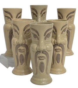 Vintage Face Motif Tiki-Style Ceramic Mugs (Lot of 6)