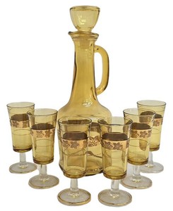 Vintage Mid-Century Modern Amber Glass Carafe & 6 Glasses Set