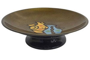 Vintage Mid Century Enameled Pedestal Dish - Hand Decorated Carpi