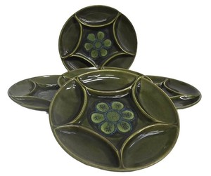 Vintage Mid Century Divided Stoneware Snack Plates - Green Floral (Lot of 5)