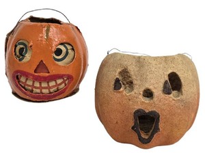 Vintage German Papier-Mch Halloween Jack-O-Lantern Candy Containers - Lot of 2