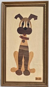 Vintage Mid-Century Modern Robert Lyons Wood-Mosaic Style Framed Dog Print