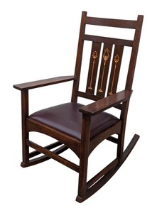 Stickley Mission Oak Rocking Chair  Harvey Ellis-Style Inlay & Leather Seat