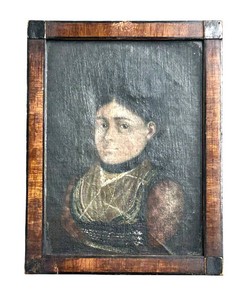 Antique Folk Art Portrait  Oil on Board (Framed)