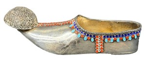 Antique Greek Sterling Silver Tsarouhi Slipper Miniature, Turquoise Coral Inlay 925