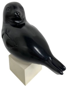 Seal Sculpture - Black Glossy Figurine on Display Base