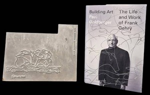 Frank Gehry Collectibles Walt Disney Concert Hall 2003 Commemorative Wood & Metal Plaque Lot with Building Art Biography by Paul Goldberger