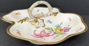 Vintage Porcelain Handled Floral Serving Dish With Raised Gilt Decoration