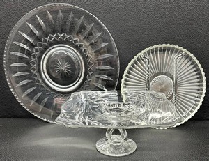 Vintage Glass Serving Pieces - Platter, Divided Plate & Cake Stand (Lot of 3)