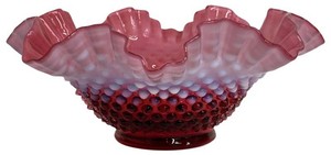 Vintage Fenton Cranberry Opalescent Hobnail Ruffled Bowl