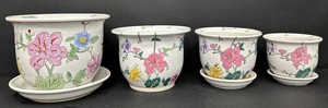 Floral Ceramic Planters & Saucers - 4-Piece Group