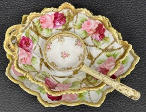 Antique Hand-Painted Nippon Porcelain Floral Condiment Set - Maple Leaf Mark