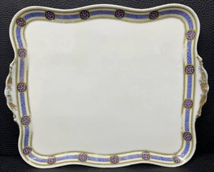 Antique Scalloped Porcelain Serving Platter - Purple & Blue Floral Border with Gilded Handles (Limoges Style, Unmarked)