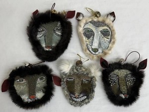 Animal Face Christmas Ornaments by Artist D.C. Ice - Hand-Painted Fur-Trimmed (Lot of 5)