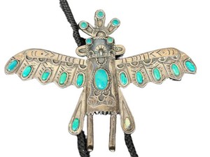 Vintage 925 Sterling Silver Kachina Eagle Dancer Bolo Tie Turquoise