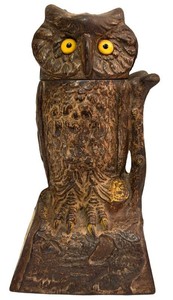 Antique J. & E. Stevens Cast Iron Owl Turns Head Mechanical Coin Bank