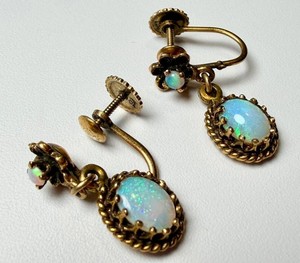 Vintage Opal Earrings 14K Gold Floral Drop Screw-Back Pair