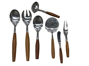Vintage Dansk Fjord Stainless Steel & Teak Serving Flatware - 7 Pieces by Jens Quistgaard