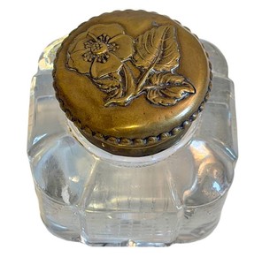 Antique Victorian Cut Glass Square Inkwell Brass Hinged Floral Lid