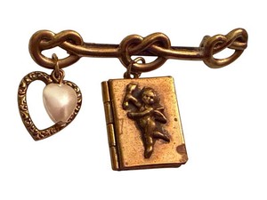 Vintage Brooch - Cherub Book & Heart Charm Bar Pin