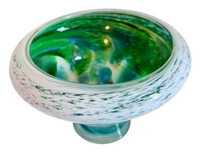 Handblown Art Glass Bowl - Green Blue Footed Studio Glass