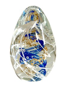 Art Glass Paperweight - Hand-Blown Blue, White & Gold 4.75in
