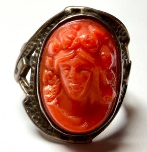 Vintage Coral Cameo Ring - Carved Portrait, Size 6.5