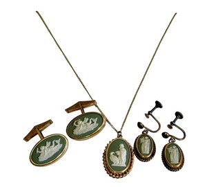 Vintage Wedgwood Jewelry Set - Gold-Filled Necklace, Cuff Links & Earrings