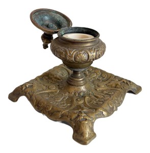 Ornate Metal Inkwell Desk Stand With Ceramic Insert