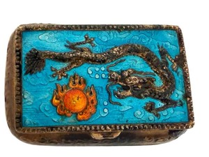 Vintage Chinese Pill Box - Brass Enamel Dragon Phoenix