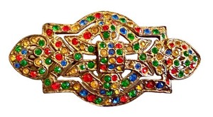 Vintage Art Deco Brooch - Gold-Tone Pot Metal Multicolor Stones
