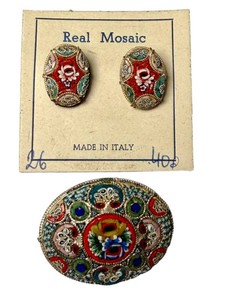 Vintage Mosaic Brooch & Matching Earrings Set - Made in Italy