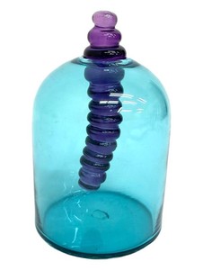 John Chiles Signed Studio Art Glass Decanter Vessel - Suspended Purple Coil in Aqua Blue