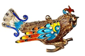 Bird Brooch Pendant - Vintage Chinese Export Silver Filigree Enamel