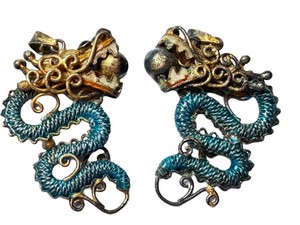 Vintage Chinese Export Dragon Earrings or Pendants - Blue Green Enamel Pair