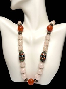 Beaded Necklace - Vintage Chinese Rose Quartz & Carnelian 24in