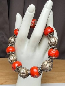 Beaded Bracelet - Vintage Tibetan Silver & Coral
