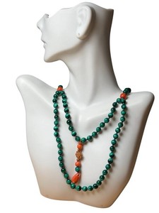 Vintage Malachite & Coral Hand-Knotted Necklace